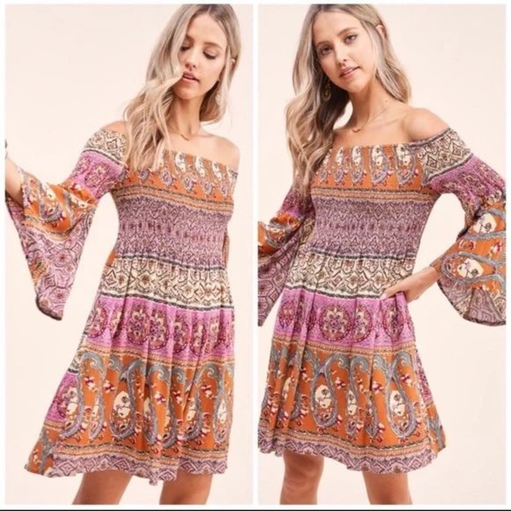 La Miel Boho Paisley Smocked Off Shoulder Bell Sleeve Mini Dress Orange Pink M